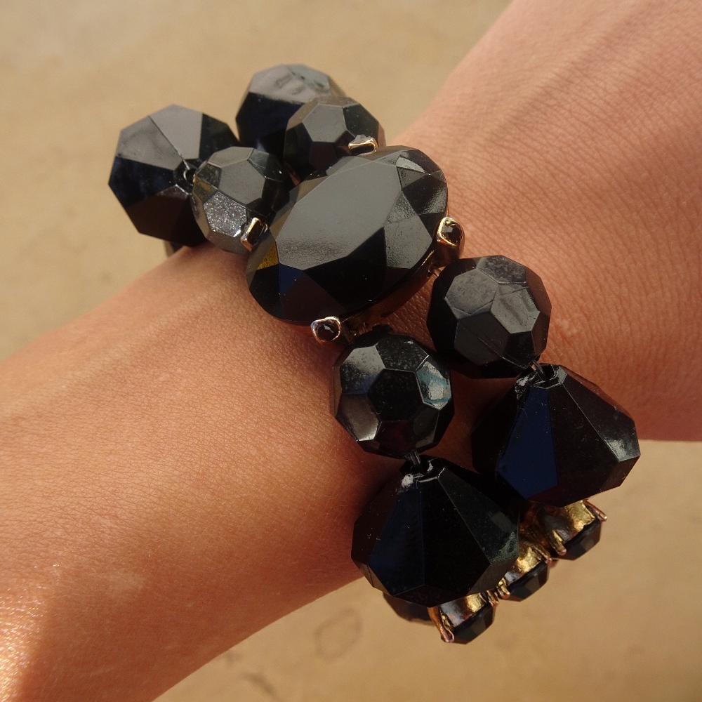 Vintage Jet Black Faceted Beaded Big Elastic Stretch Evening Statement Bracelet